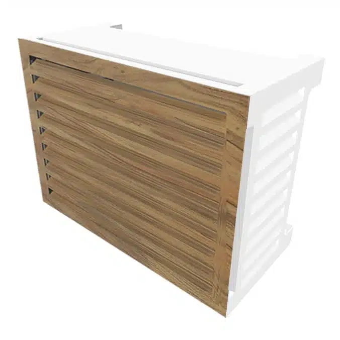 Cache extérieur pour groupe de PAC Deco Bois en blanc avec face avant en aluminium effet bois